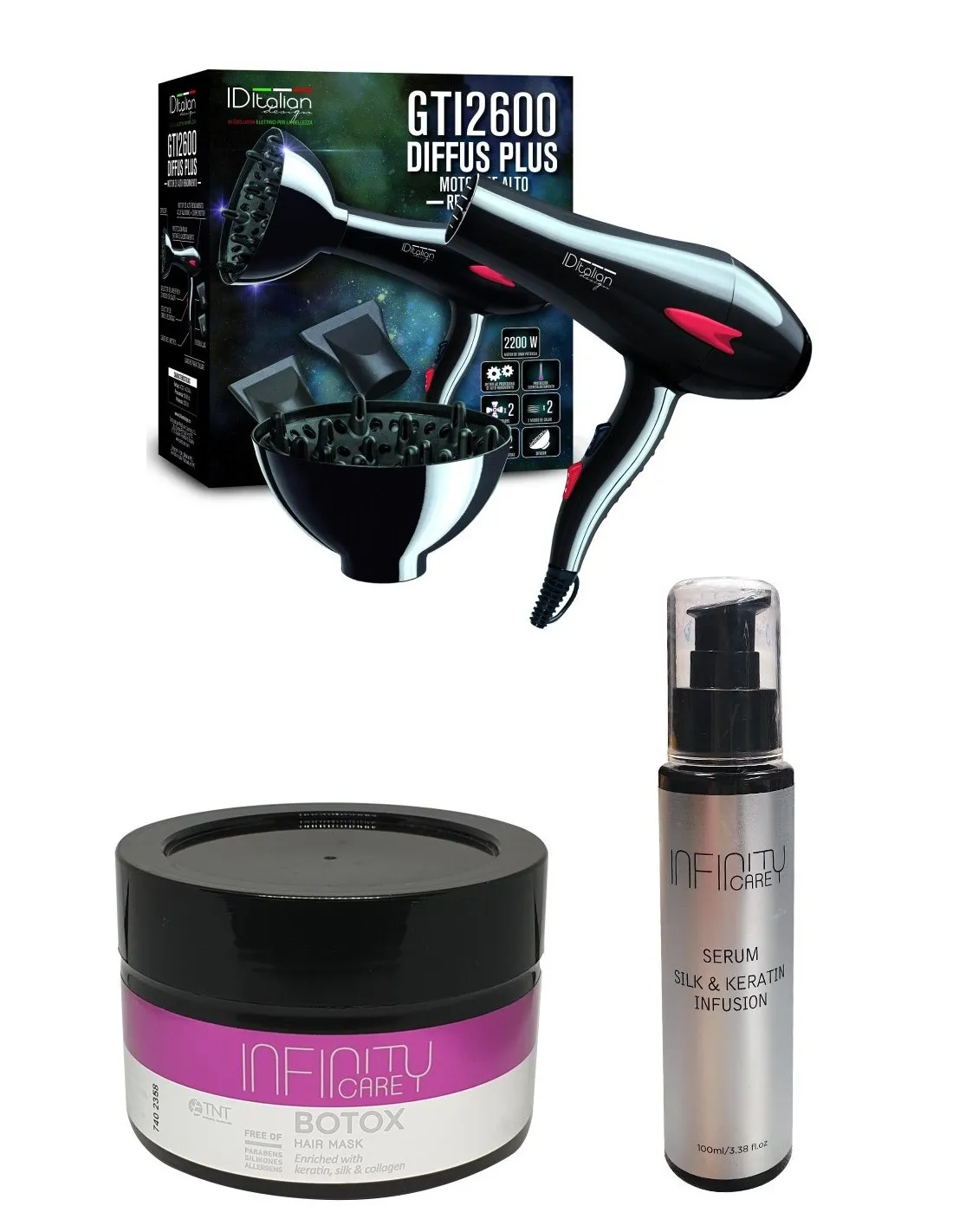 id italian professional hair dryer infinity care hair botox mask 250ml silk and keratin serum 100ml reconstruction bundle