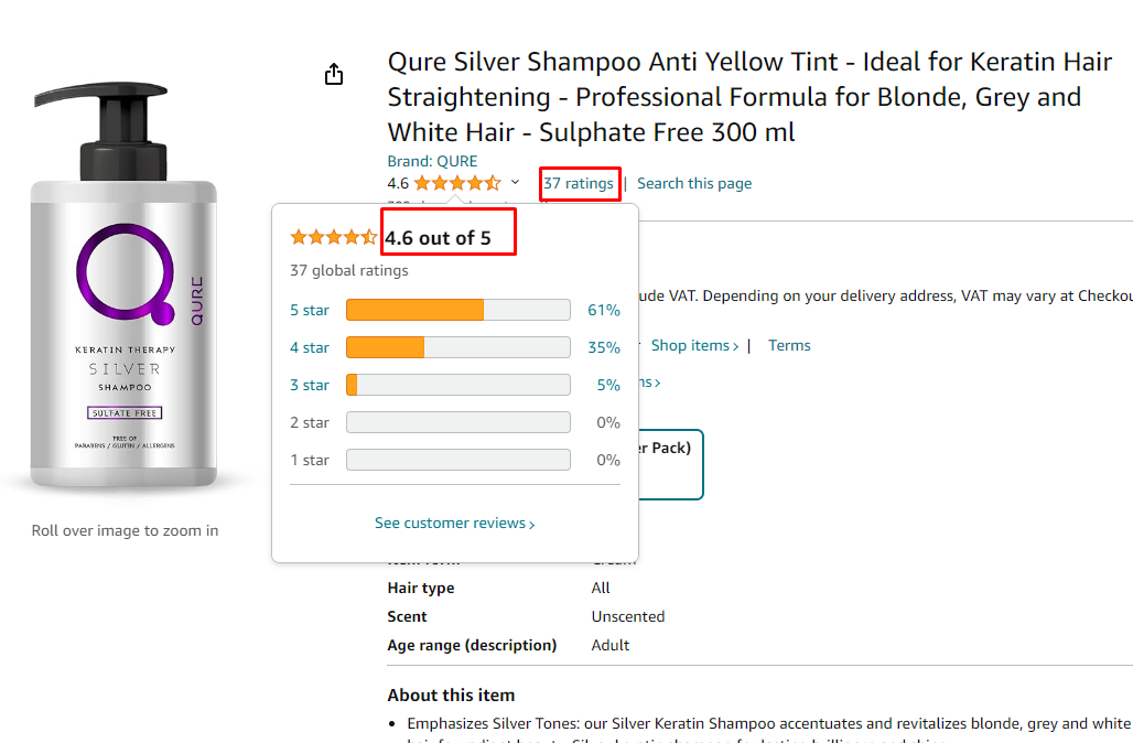 Amazon Customer Rating Silver Keratin Therapy 09-05-2024