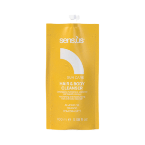 Hair and Body Cleanser 100ml από τη Sensus – Καλοκαιρινό 2 σε 1 σαμπουάν και αφρόλουτρο για μετά τη θάλασσα ή την πισίνα, με αμυγδαλέλαιο, πορτοκάλι και ρόδι. 2-in-1 summer shampoo and body wash for beach or pool use, enriched with almond oil, orange, and pomegranate.
