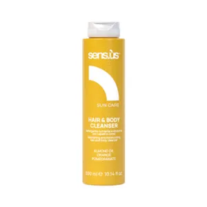 Hair and Body Cleanser 300ml από τη Sensus – Καλοκαιρινό 2 σε 1 σαμπουάν και αφρόλουτρο για μετά τη θάλασσα ή την πισίνα, με αμυγδαλέλαιο, πορτοκάλι και ρόδι. 2-in-1 summer shampoo and body wash for beach or pool use, enriched with almond oil, orange, and pomegranate.