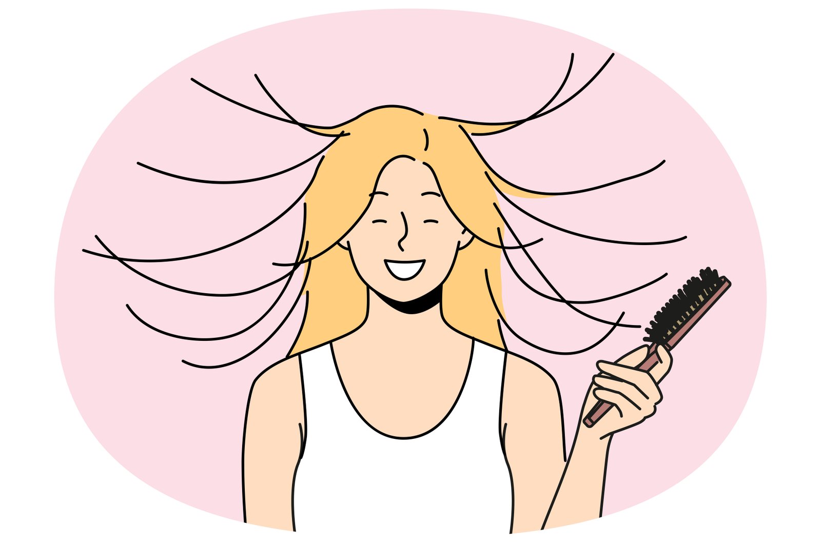 Woman combs hair and smiles, seeing effect of static magnetization of hairstyle. Let Loose Pink Brush -Woman combs hair and smiles, seeing effect of static magnetization of hairstyle.