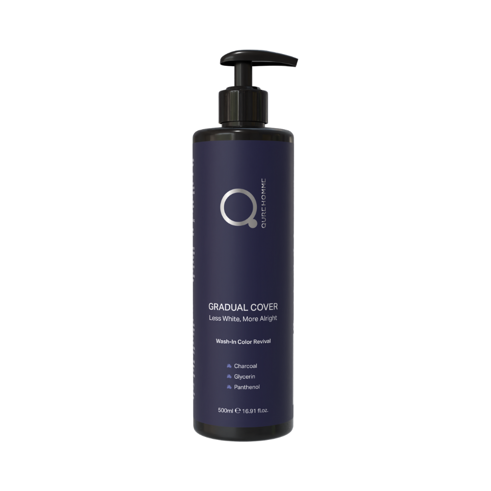 Gradual Cover Wash-In Color Revival 500ml by QureHomme product bottle for gradual mens gray hair treatment and color restoration, aiming for less white, more natural black hair.