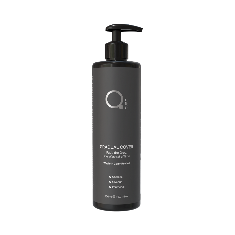 Gradual Cover Wash-In Color Revival 500ml by Qure product bottle for gradual cover for women, black hair color restoration, aiming for less white, more natural black hair with added shine.