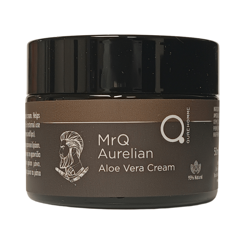 5212043300282 Mr.Q Aurelian Aloe Vera Cream MrQ Aurelian Aloe Vera Cream 50ml jar for skin hydration and soothingFront view of MrQ Aurelian Aloe Vera Cream 50ml box for skin hydration and soothingAurelian Aloe Cream