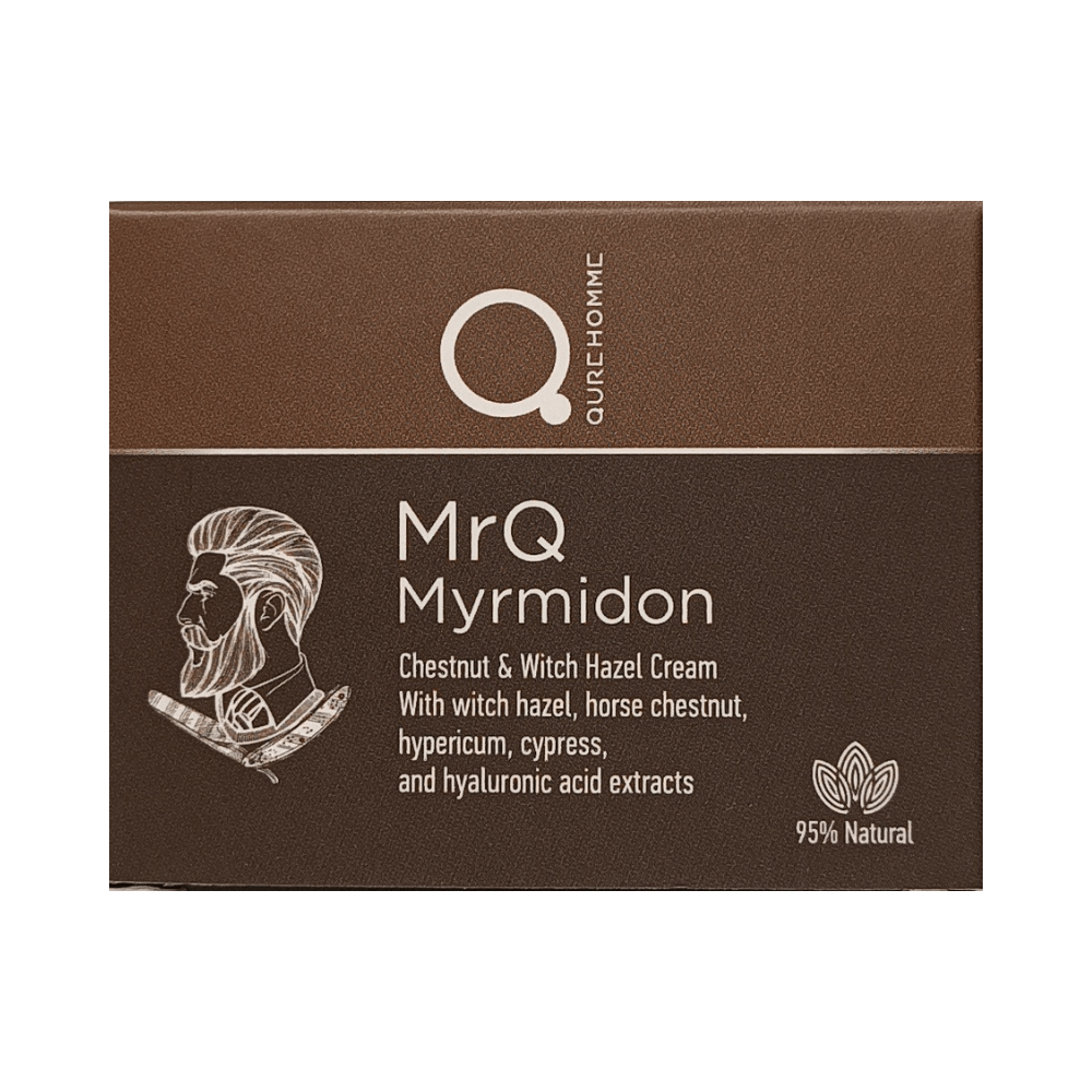 MrQ Myrmidon Chestnut & Witch Hazel Cream 50ml box with witch hazel, horse chestnut, hypericum, cypress, and hyaluronic acid extracts for skin soothing and hydration