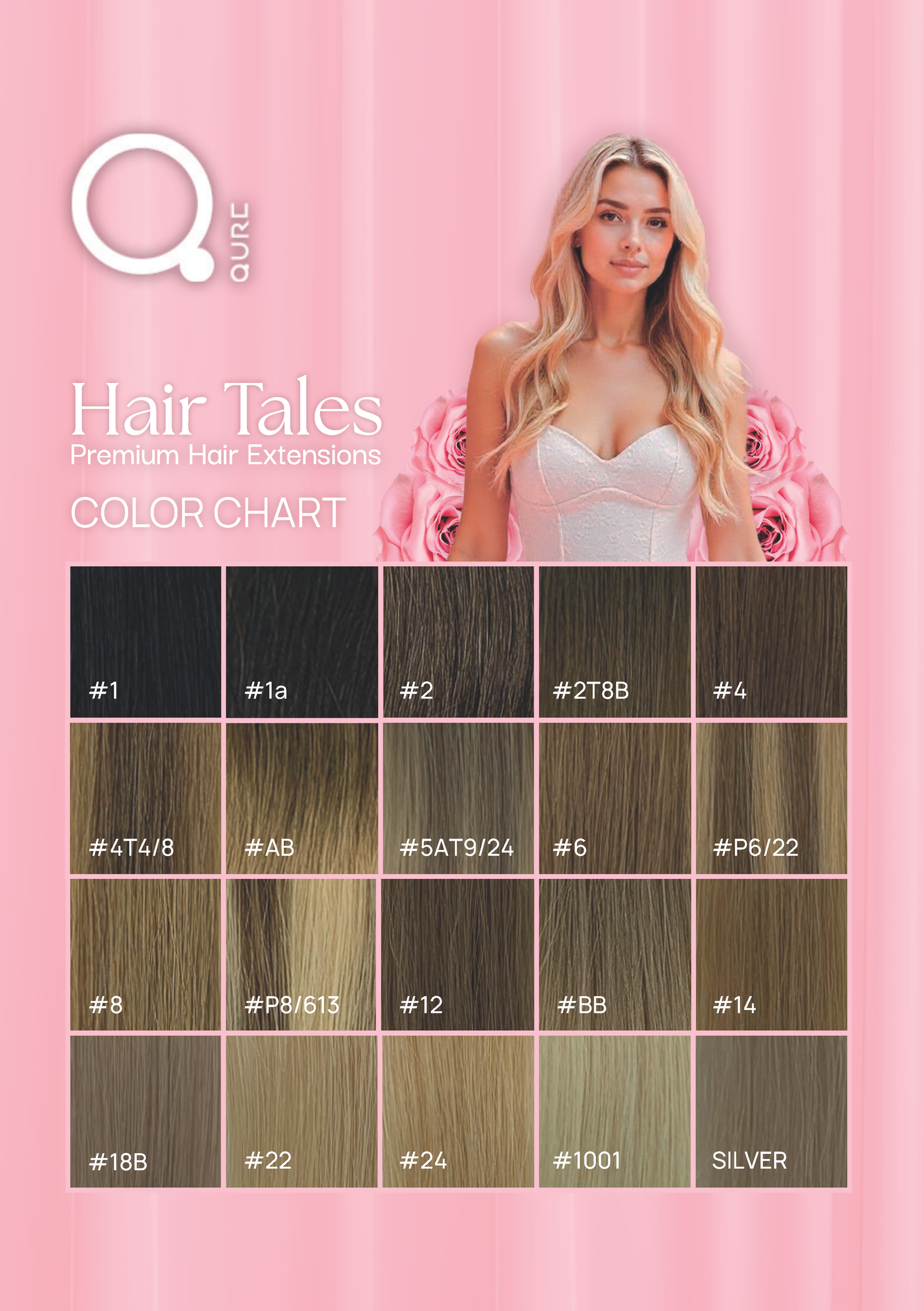 Tape Extensions Color Chart hair tales by Qure | Χρωματολόγιο διαθέσιμων αποχρώσεων για τρέσες από 100% φυσικό ανθρώπινο μαλλί από τη σειρά Hair Tales της Qure