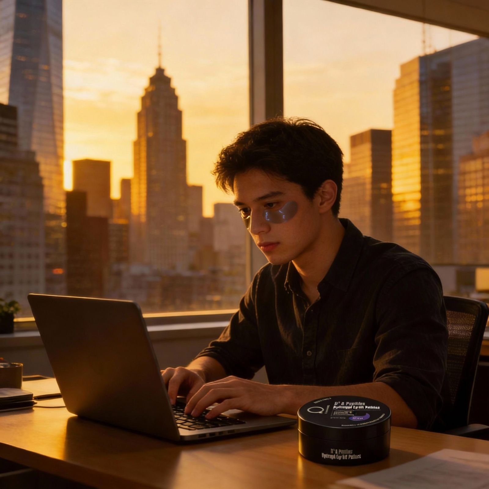 office desk shot young male entrepreneur wearing hydrogel patches under his eyes | Peptides Eye Lift Patches – B3 & Peptides Hydrogel Eye Lift Patches by Face Re-Charge |
