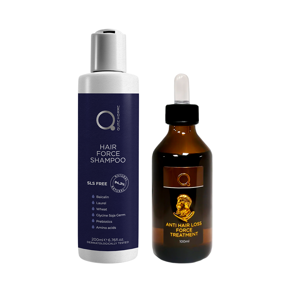 5213007289346 QureHomme Hair Force Scalp Treatment Kit: Ολοκληρωμένη φροντίδα με λοσιόν 100ml και σαμπουάν 200ml SLS Free για αποτελεσματική αντιμετώπιση της τριχόπτωσης στους άνδρες.