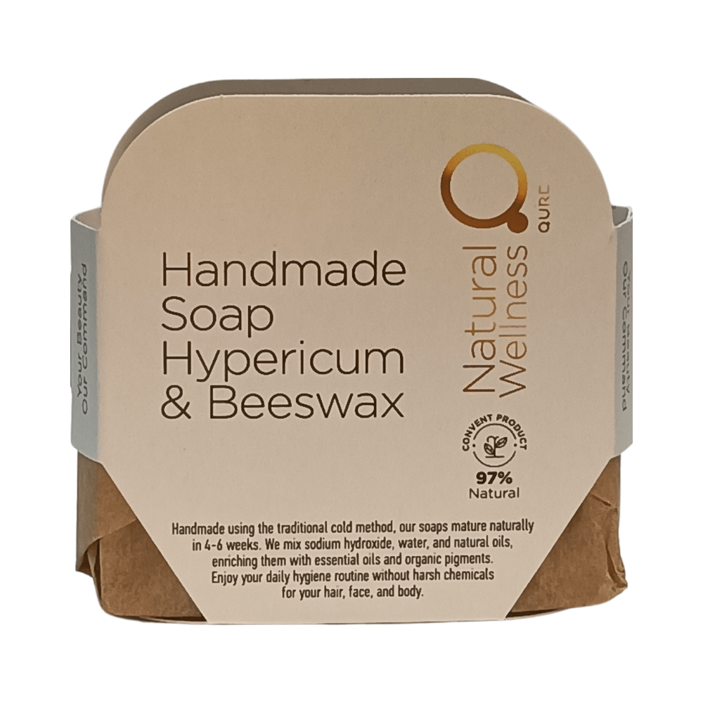 5212043300596 Handmade Soap Hypericum & Beeswax 90-110g - Χειροποίητο Σαπούνι με Υπερικό και Μελισσοκέρι 1Handmade Soap Hypericum & Beeswax 90-110g - Χειροποίητο Σαπούνι με Υπερικό και Μελισσοκέρι 2Front view of Handmade Soap with Zeolite and Bentonite 90-110g for deep skin cleansing and detoxification