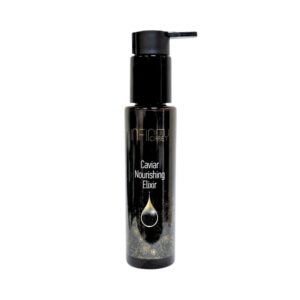 Caviar Nourishing Elixir 100ml by Infinity Care for deep hair nourishment and rejuvenationCaviar Nourishing Elixir Droplettop view black caviar bowlBeautiful girl with long hair
