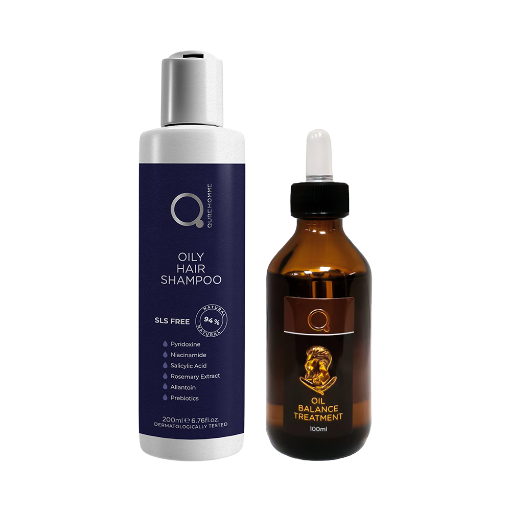 QureHomme Oil Balance Scalp Treatment Kit: Ολοκληρωμένη φροντίδα με λοσιόν 100ml και σαμπουάν 200ml SLS Free για αποτελεσματική ρύθμιση της λιπαρότητας στους άνδρες.